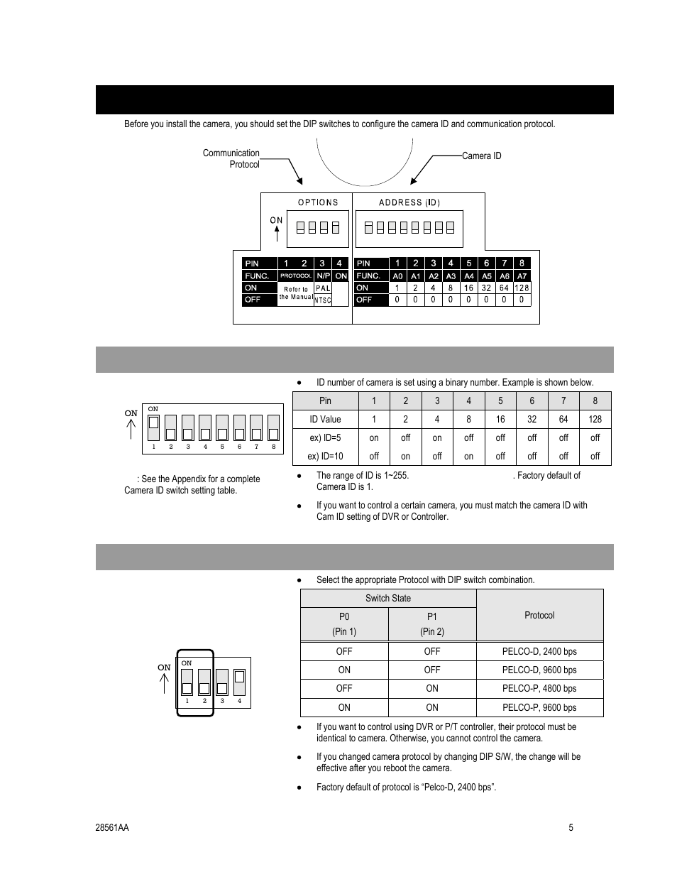 Dip switch setup, Camera id setup, Communication protocol setup | OpenEye CM-410 User Manual | Page 15 / 50