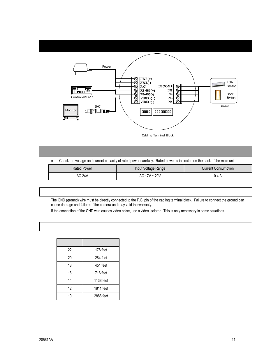 Cabling, Power connection, Grounding | Power wire length specifications | OpenEye CM-410 User Manual | Page 21 / 50