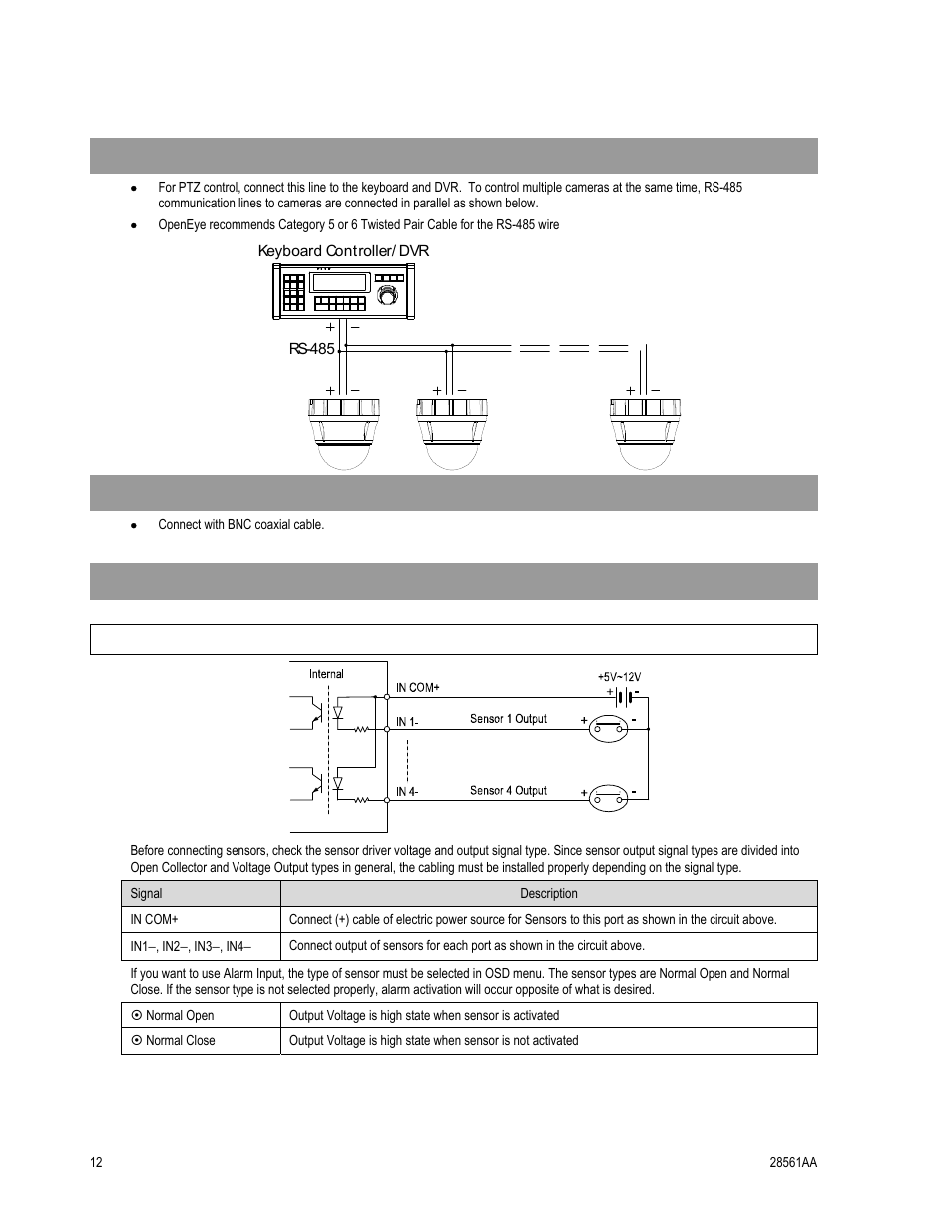 Rs-485 communication, Video connection, Alarm input connection | Sensor input | OpenEye CM-410 User Manual | Page 22 / 50