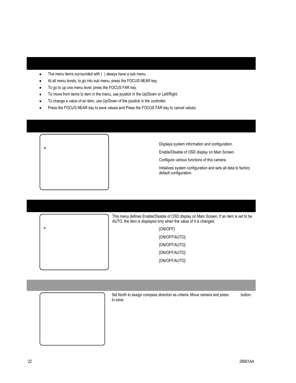 How to use the osd menu, General rules of key operation for menu, Main menu | Display setup, Compass direction setup | OpenEye CM-410 User Manual | Page 32 / 50