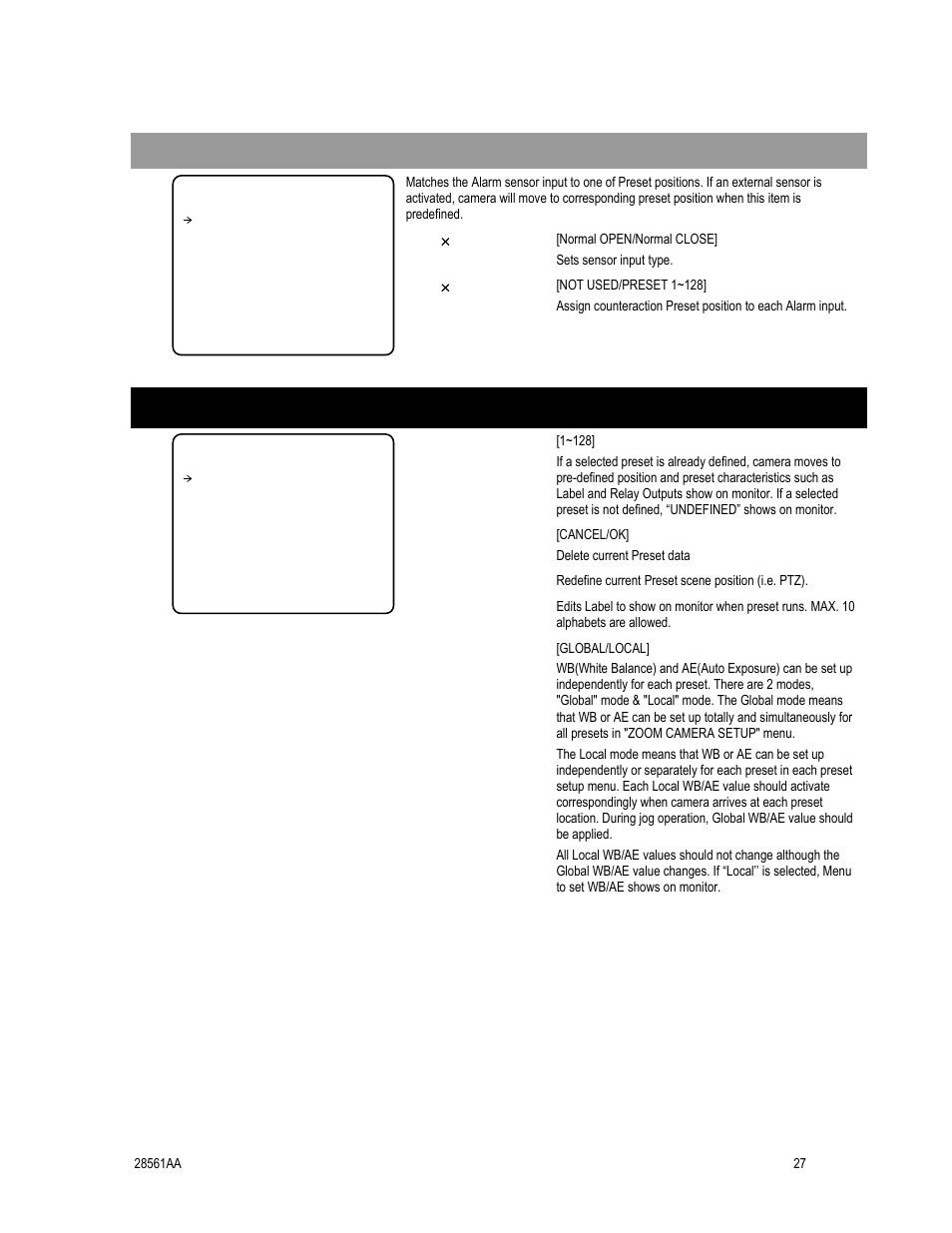 Preset setup, Alarm input setup | OpenEye CM-410 User Manual | Page 37 / 50