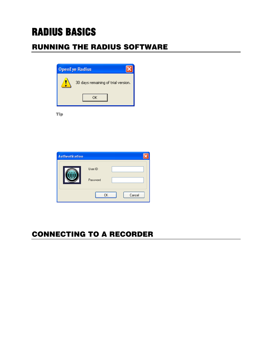 Radius basics, Running the radius software, Logging in | Connecting to a recorder, Viewing video | OpenEye RADIUS v.4.05 User Manual | Page 10 / 59