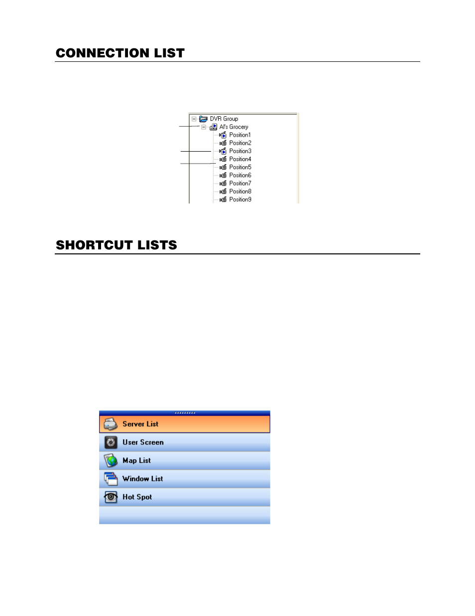 Connection list, Shortcut lists | OpenEye RADIUS v.4.05 User Manual | Page 12 / 59