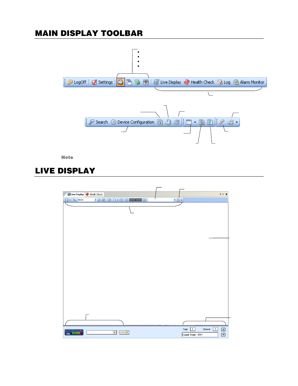 Main display toolbar, Live display | OpenEye RADIUS v.4.05 User Manual | Page 15 / 59