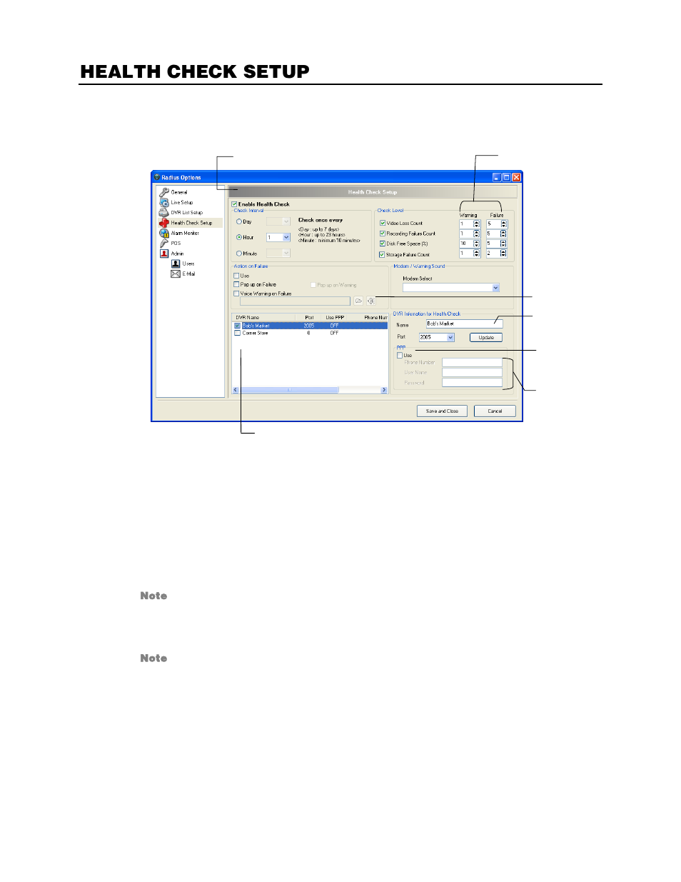 Health check setup, Set up health check options | OpenEye RADIUS v.4.05 User Manual | Page 25 / 59