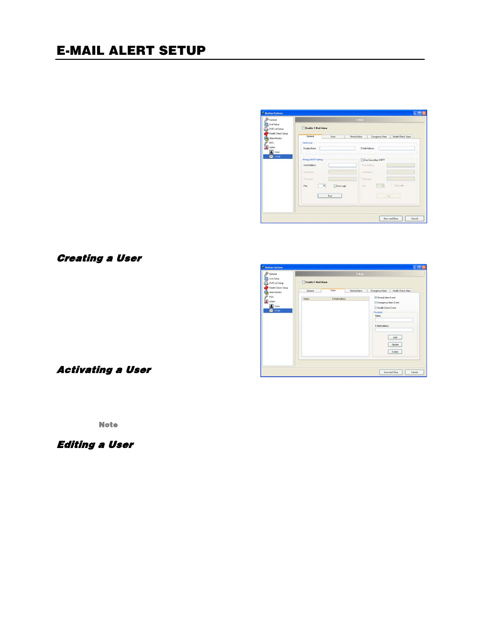 E-mail alert setup, General e-mail setup, Users e-mail setup | Creating a user, Activating a user, Editing a user | OpenEye RADIUS v.4.05 User Manual | Page 33 / 59