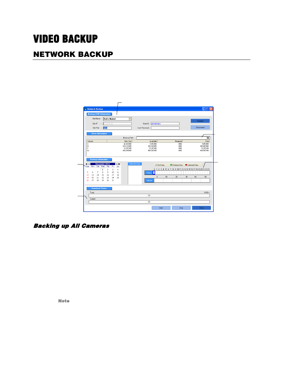 Video backup, Network backup, Professional recorders (x, xr, h, n-series) | Backing up all cameras | OpenEye RADIUS v.4.05 User Manual | Page 40 / 59