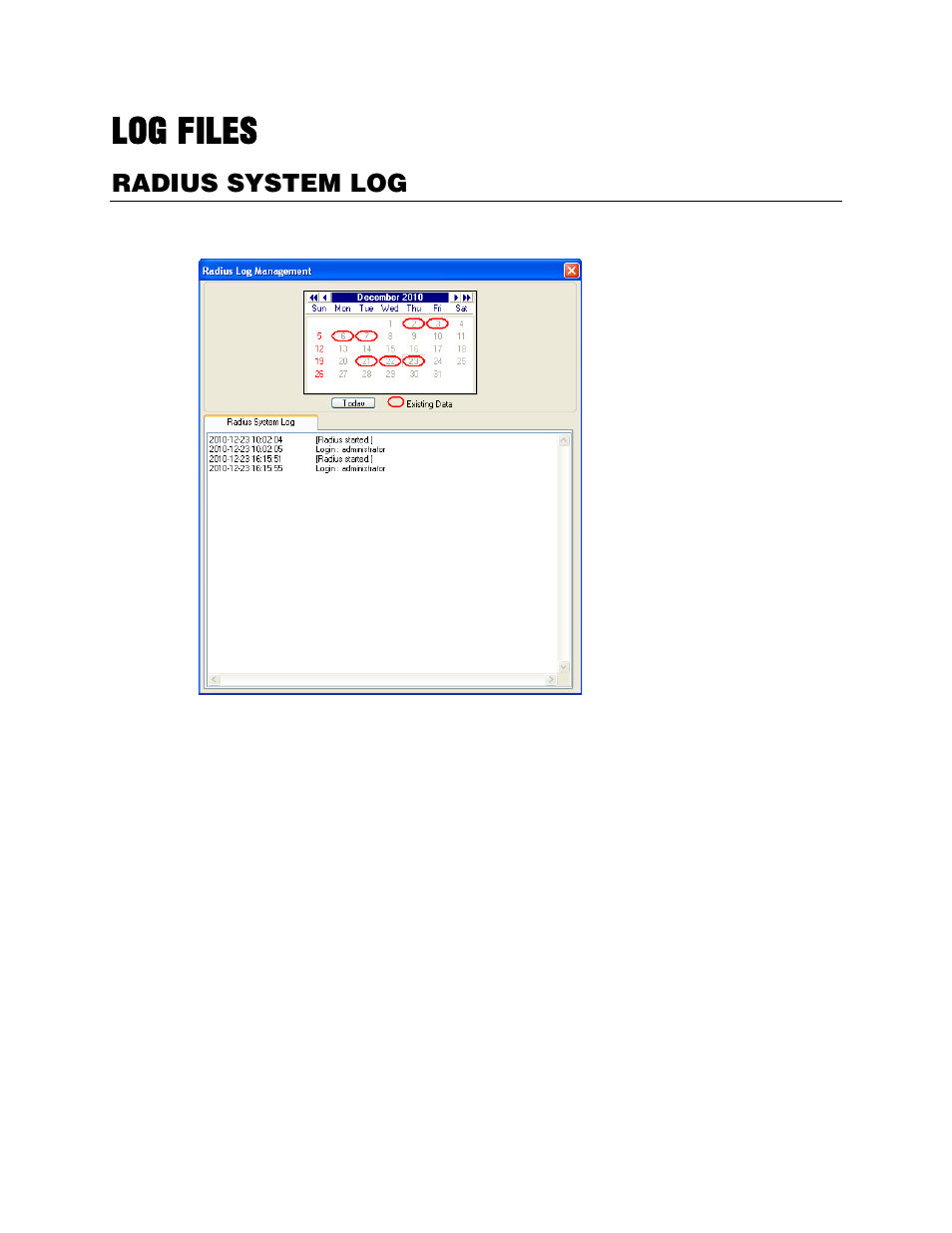 Log files, Radius system log, View the radius log | OpenEye RADIUS v.4.05 User Manual | Page 50 / 59