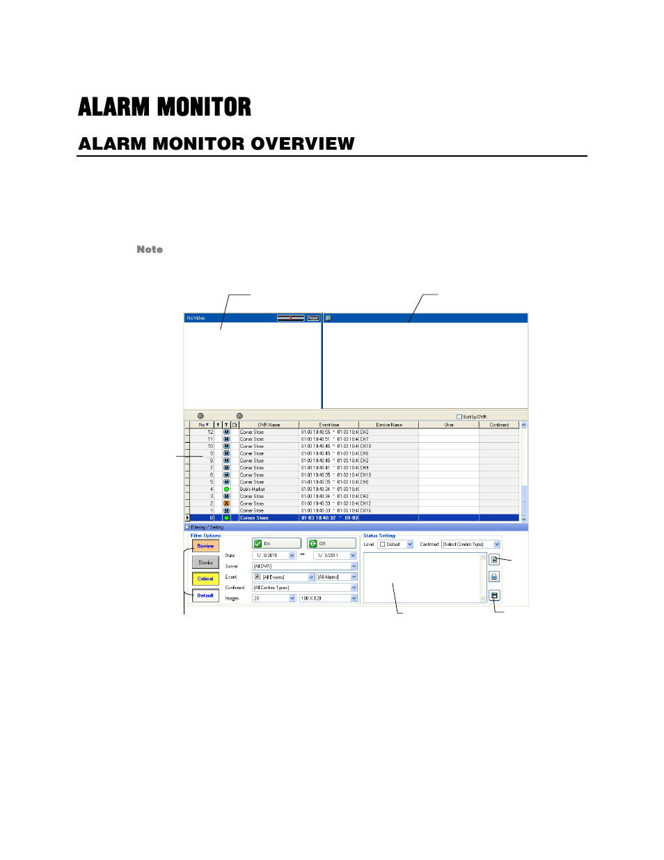 Alarm monitor, Alarm monitor overview, Assign status settings | OpenEye RADIUS v.4.05 User Manual | Page 51 / 59