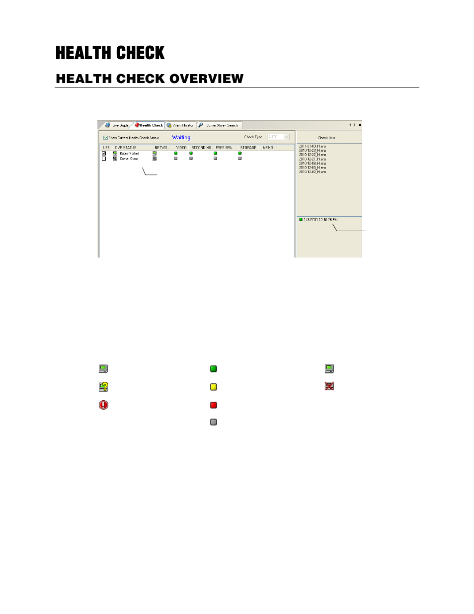 Health check, Health check overview, Health check status icons | OpenEye RADIUS v.4.05 User Manual | Page 54 / 59