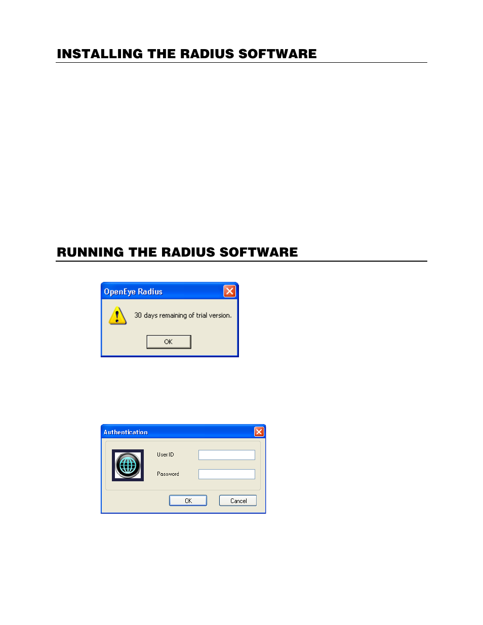 Installing the radius software, Running the radius software, Logging in | OpenEye RADIUS v.4.05 User Manual | Page 8 / 59