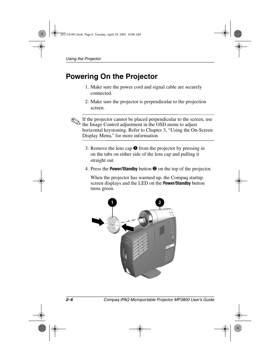 Powering on the projector | Compaq MP3800 User Manual | Page 16 / 65