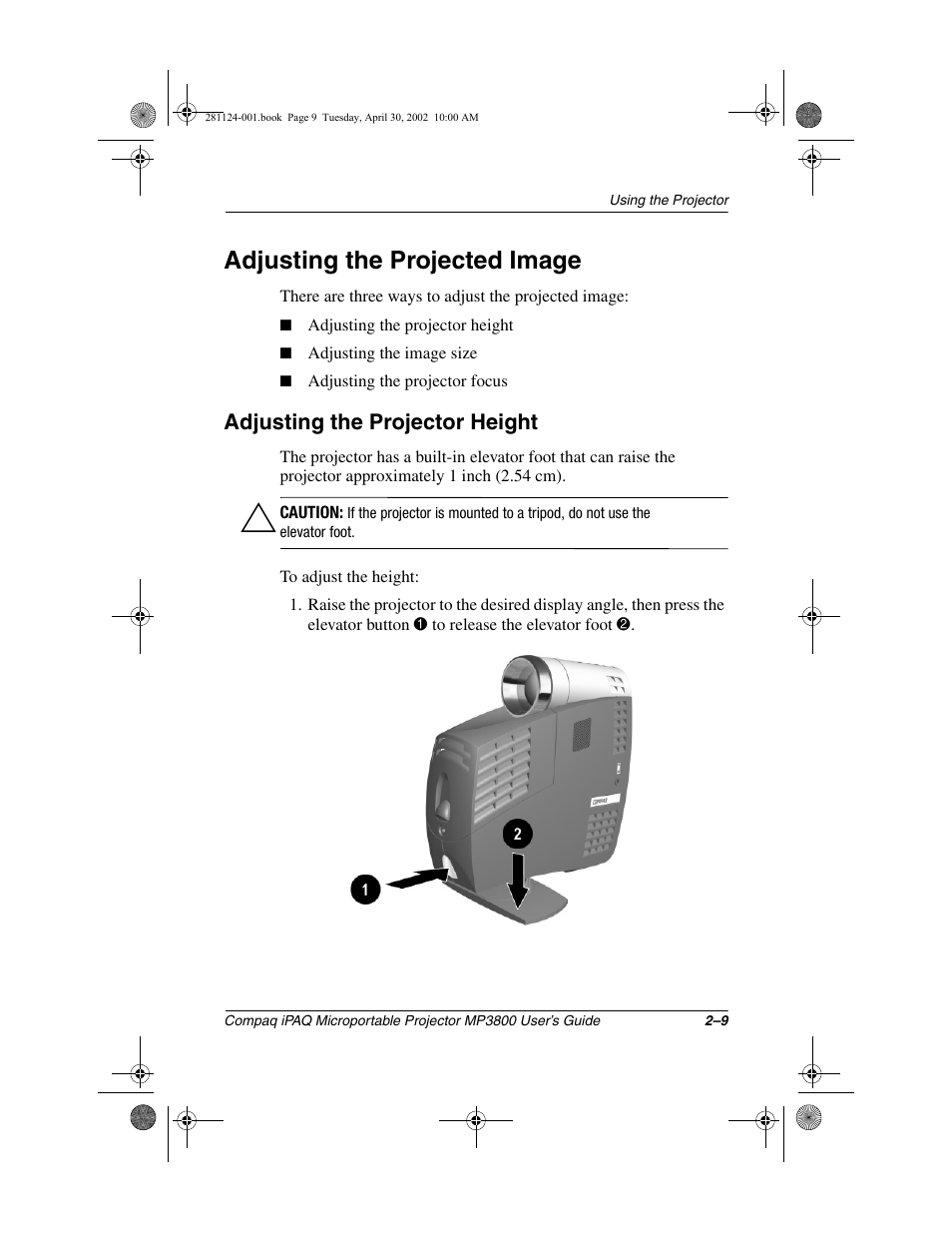 Adjusting the projected image, Adjusting the projector height | Compaq MP3800 User Manual | Page 19 / 65