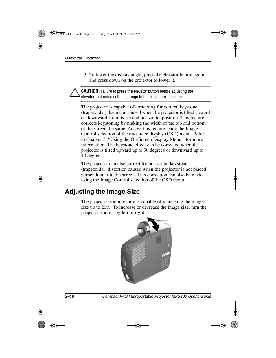 Adjusting the image size | Compaq MP3800 User Manual | Page 20 / 65