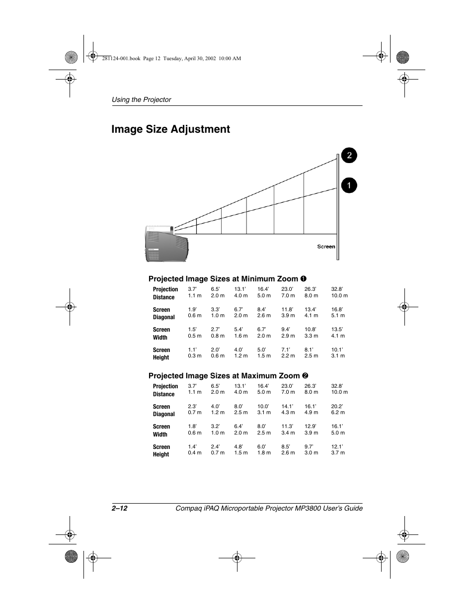 Image size adjustment, Projected image sizes at minimum zoom 1, Projected image sizes at maximum zoom 2 | Compaq MP3800 User Manual | Page 22 / 65