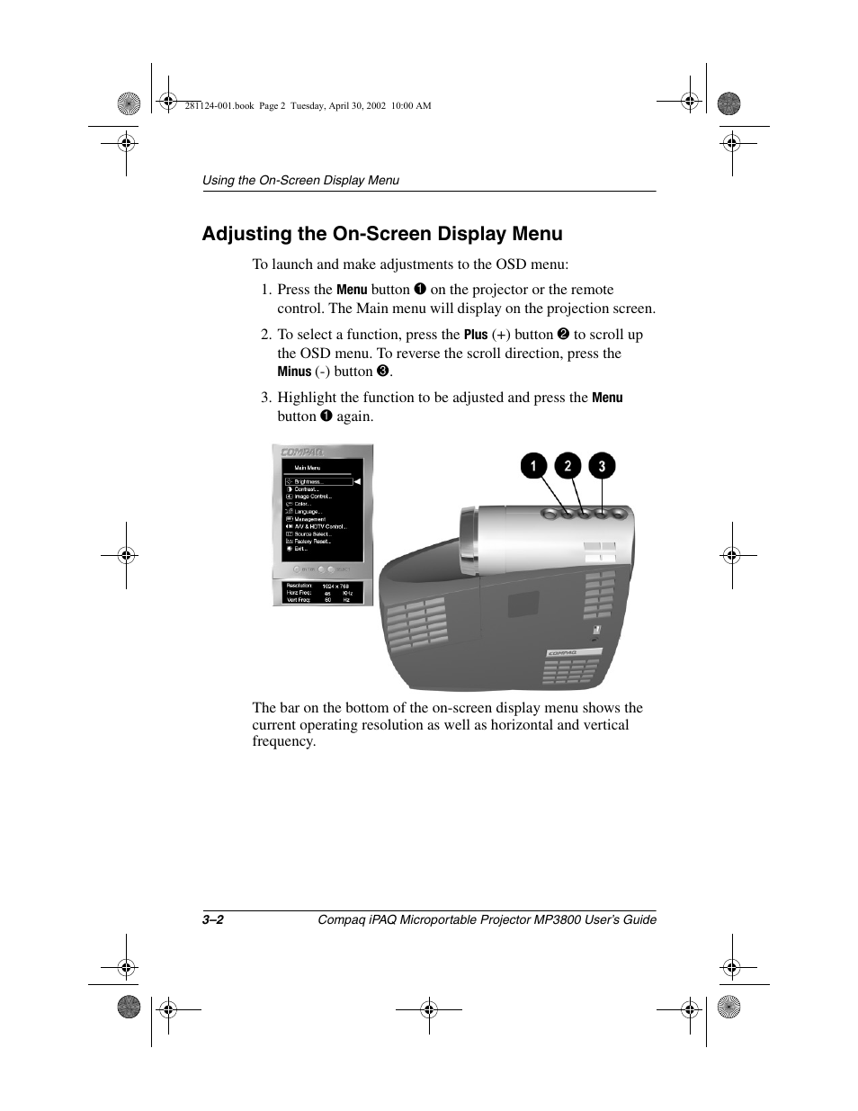 Adjusting the on-screen display menu | Compaq MP3800 User Manual | Page 24 / 65