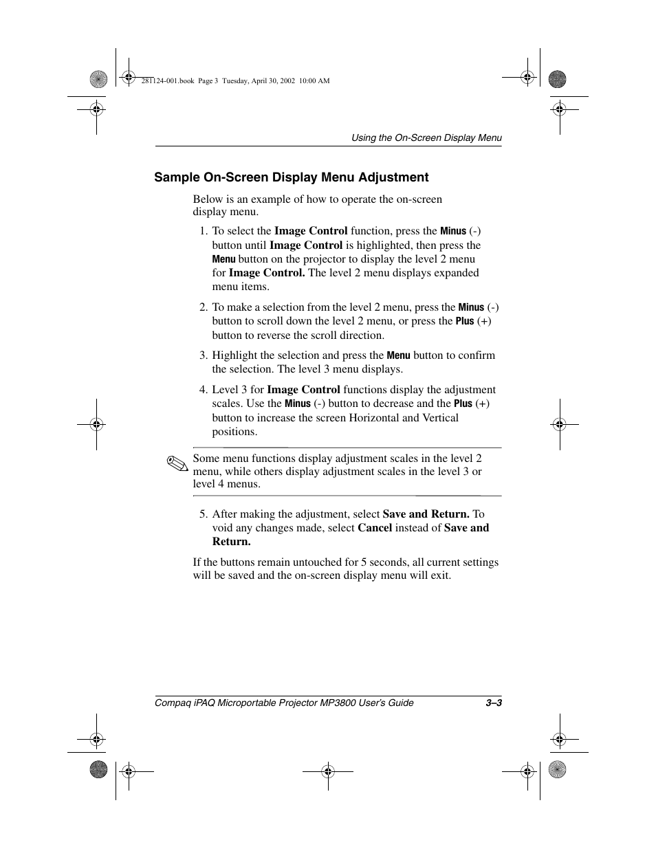 Sample on-screen display menu adjustment | Compaq MP3800 User Manual | Page 25 / 65
