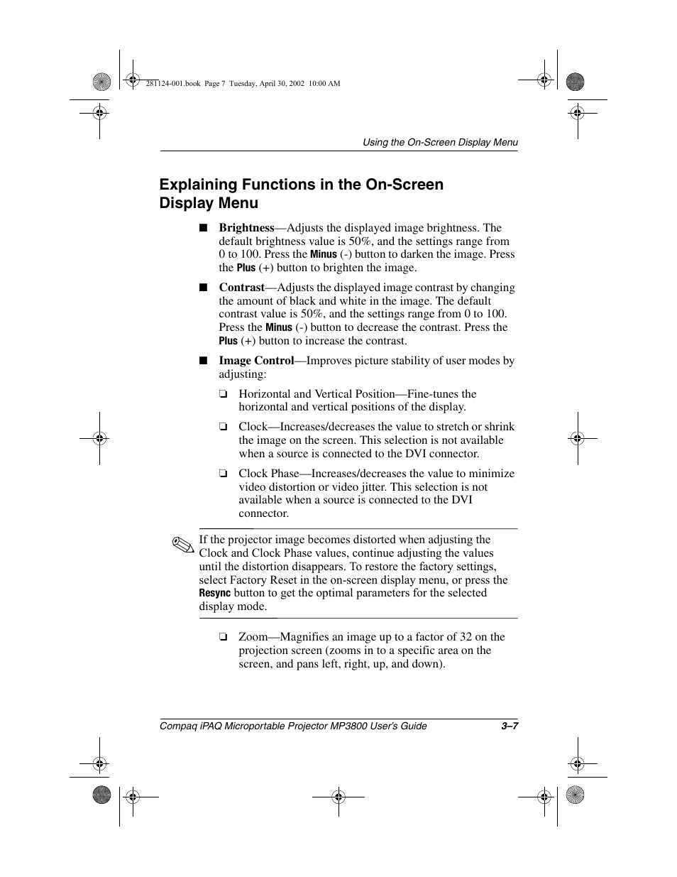 Explaining functions in the on-screen display menu | Compaq MP3800 User Manual | Page 29 / 65