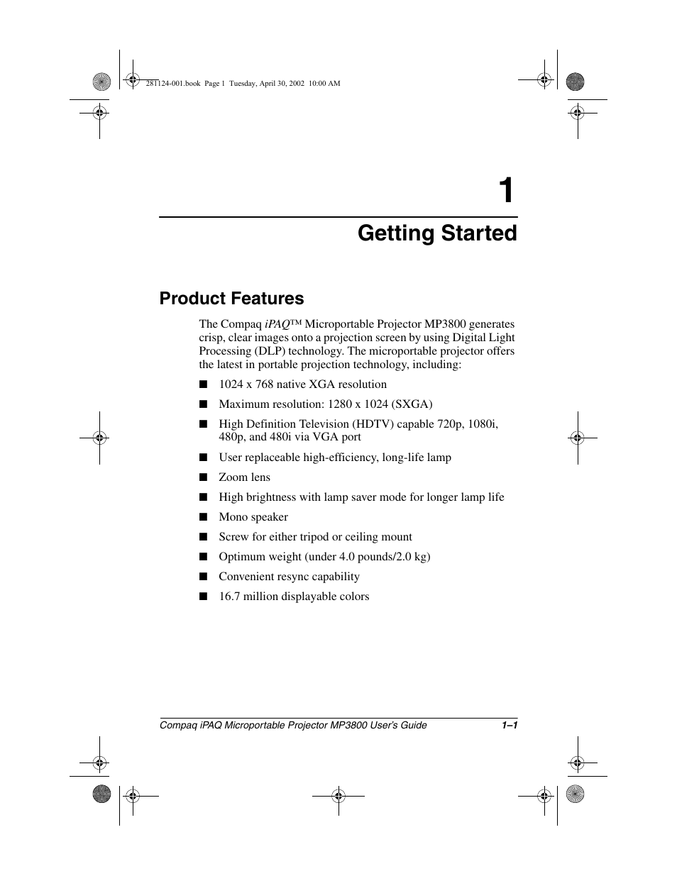 Getting started, Product features | Compaq MP3800 User Manual | Page 3 / 65