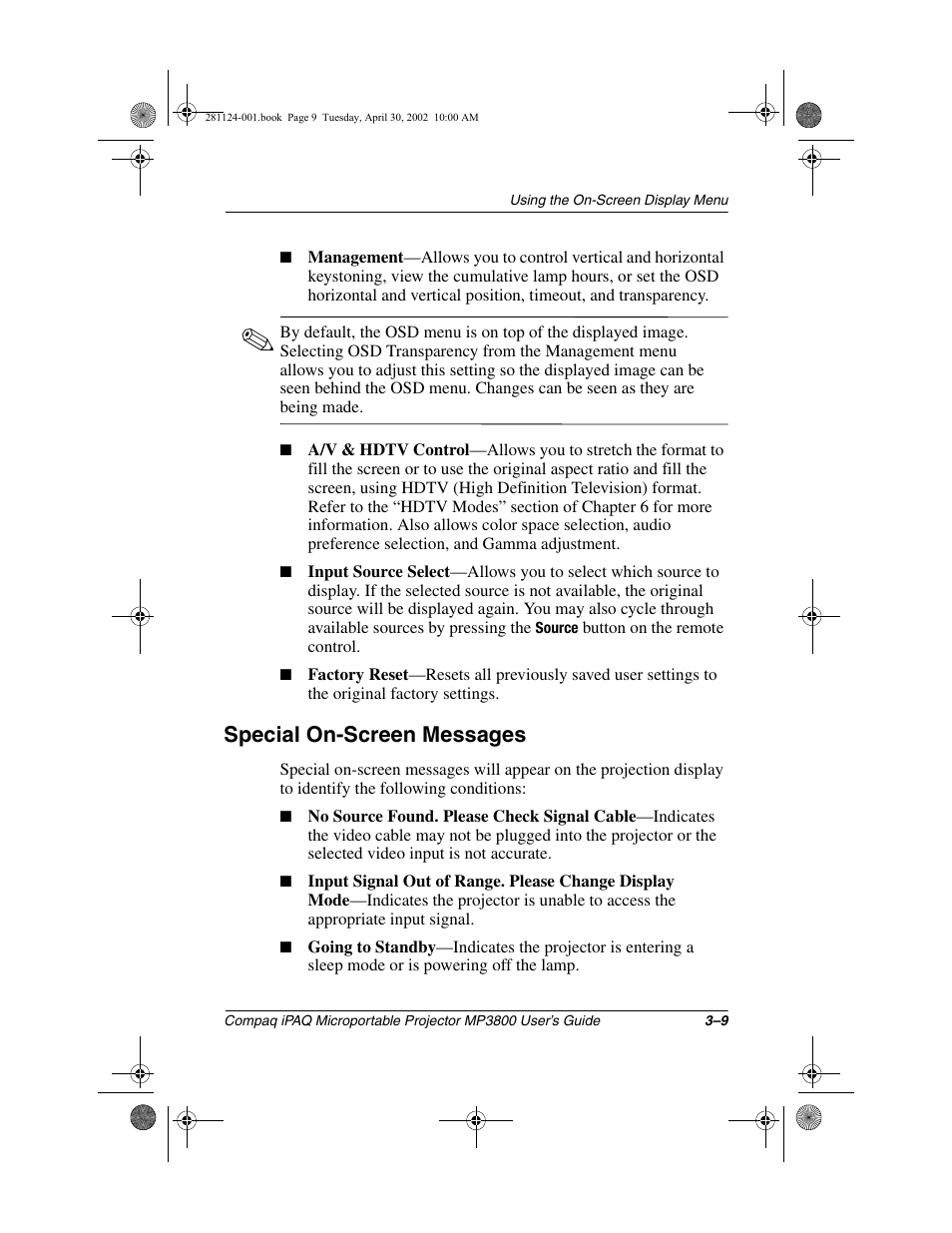 Special on-screen messages | Compaq MP3800 User Manual | Page 31 / 65