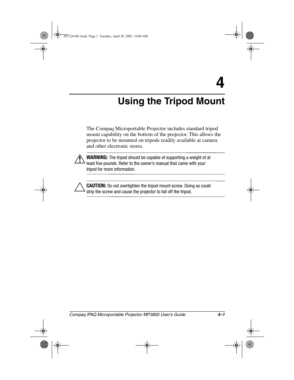 Using the tripod mount | Compaq MP3800 User Manual | Page 33 / 65