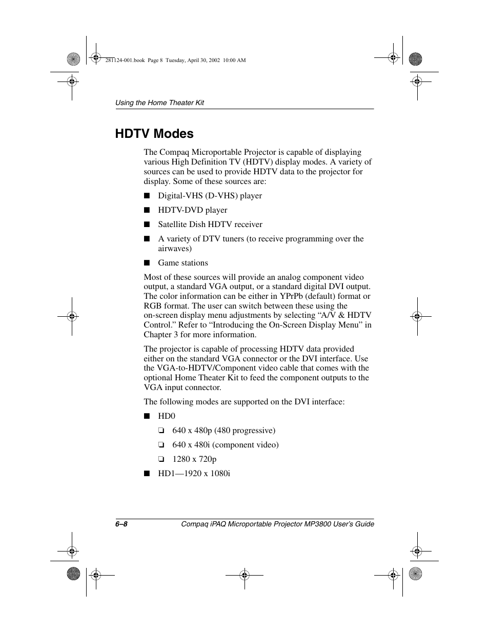 Hdtv modes | Compaq MP3800 User Manual | Page 47 / 65