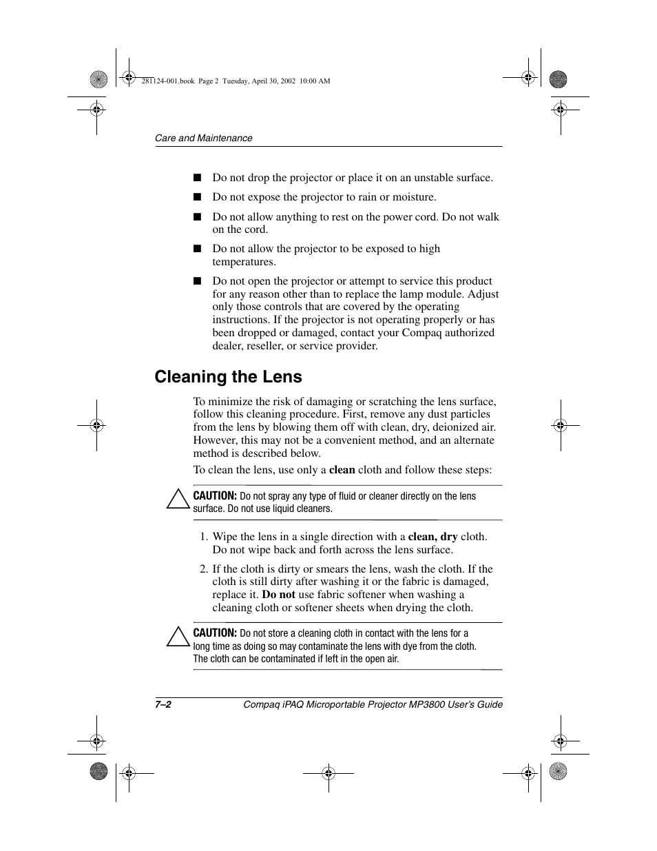 Cleaning the lens | Compaq MP3800 User Manual | Page 50 / 65