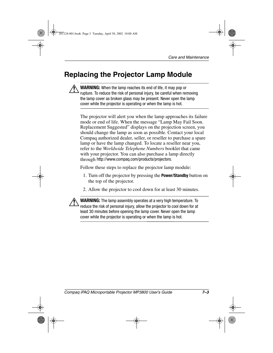 Replacing the projector lamp module | Compaq MP3800 User Manual | Page 51 / 65