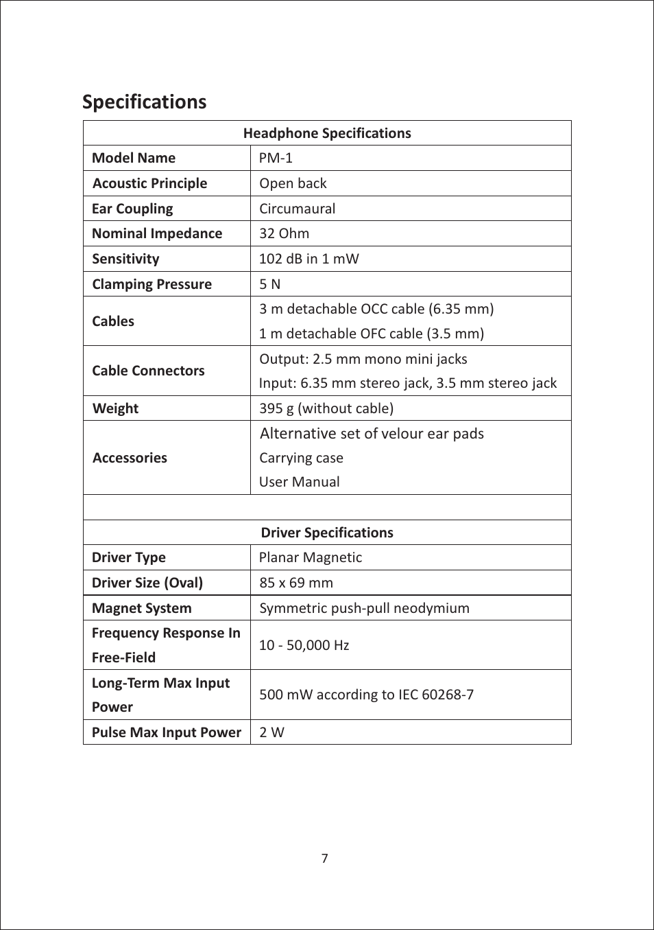 Specifications | Oppo PM-1 User Manual | Page 9 / 11