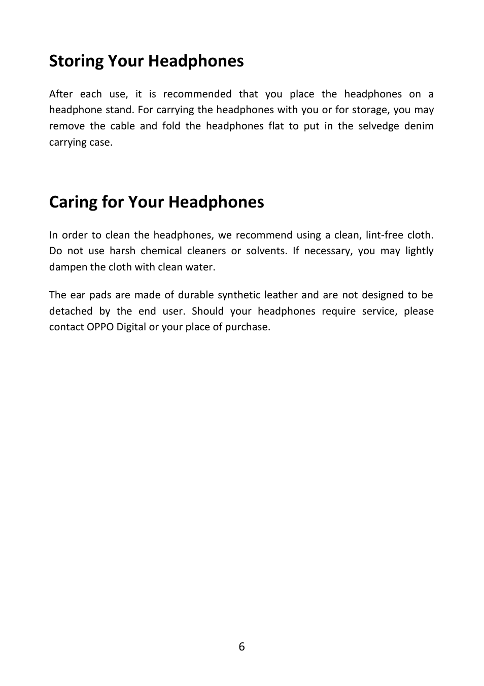 Storing your headphones, Caring for your headphones | Oppo PM-3 User Manual | Page 7 / 9