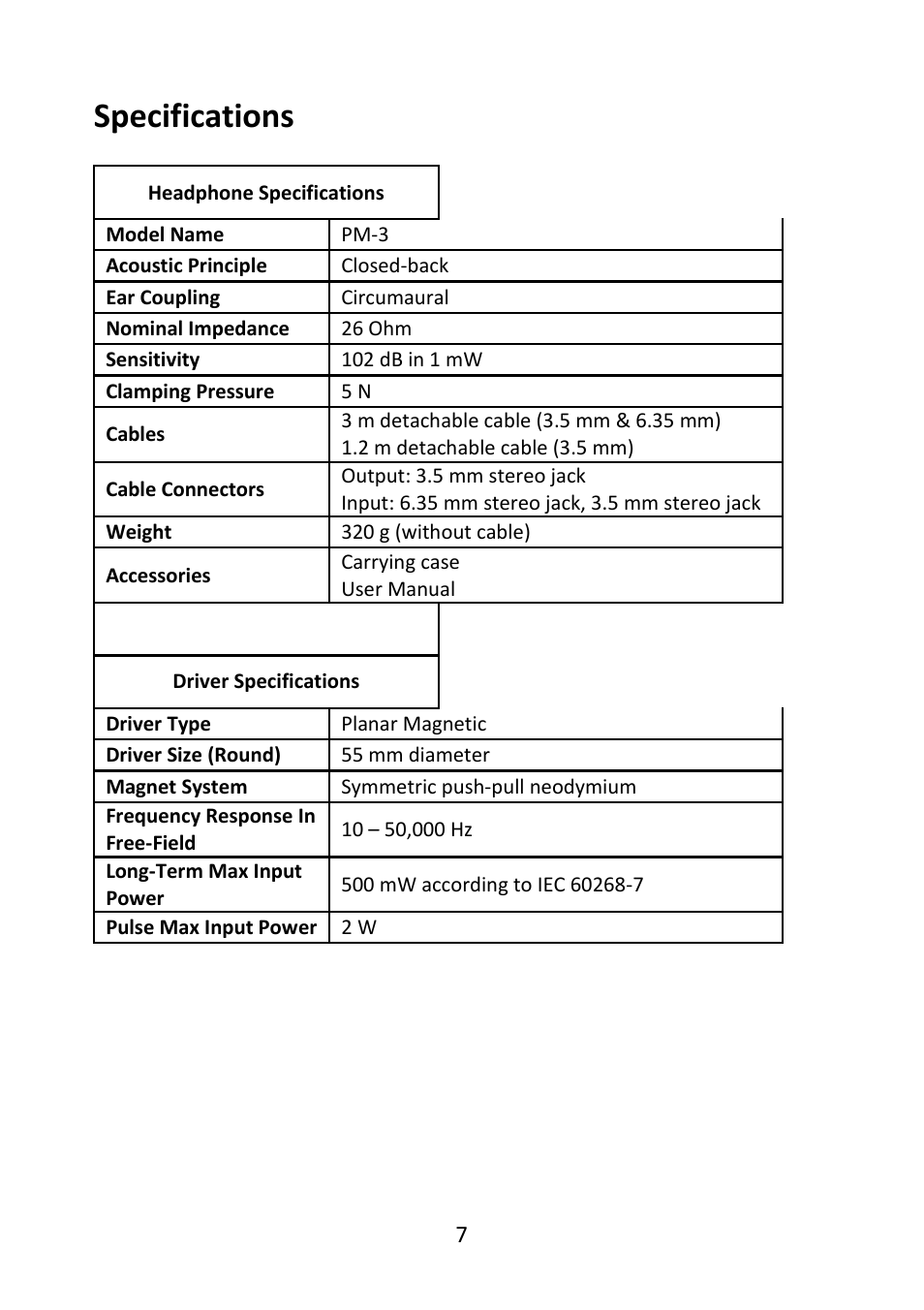 Specifications | Oppo PM-3 User Manual | Page 8 / 9