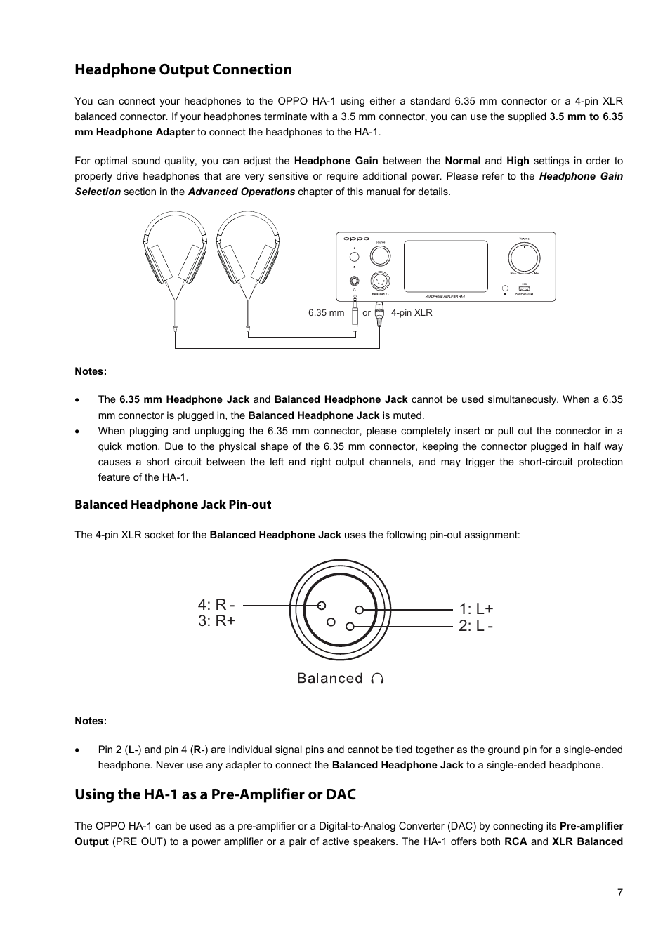 Headphone output connection, Using the ha-1 as a pre-amplifier or dac, L+ 2: l - 3: r+ 4: r | Oppo HA-1 User Manual | Page 11 / 29