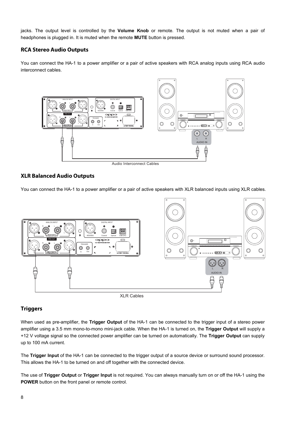 Rca stereo audio outputs, Xlr balanced audio outputs, Triggers | Audio/video multi-channel receiver, Xlr cables, Audio interconnect cables | Oppo HA-1 User Manual | Page 12 / 29