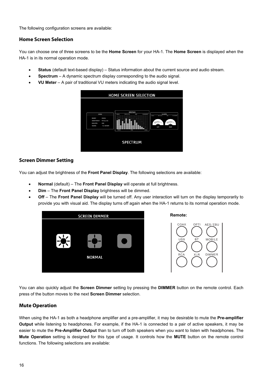 Home screen selection, Screen dimmer setting, Mute operation | Oppo HA-1 User Manual | Page 20 / 29