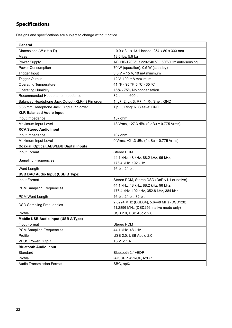 Specifications | Oppo HA-1 User Manual | Page 26 / 29