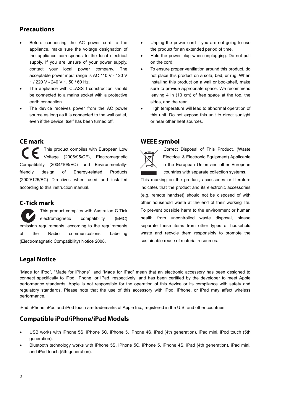 Precautions, Ce mark, C-tick mark | Weee symbol, Legal notice, Compatible ipod/iphone/ipad models | Oppo HA-1 User Manual | Page 6 / 29