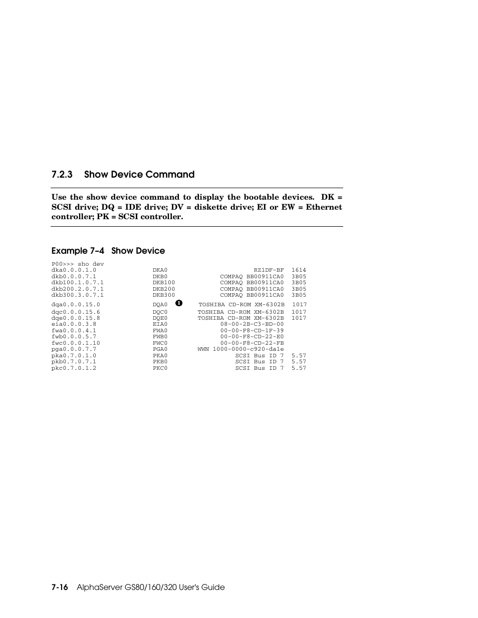 3 show device command, Example 7–4 show device | Compaq GS160 User Manual | Page 128 / 184