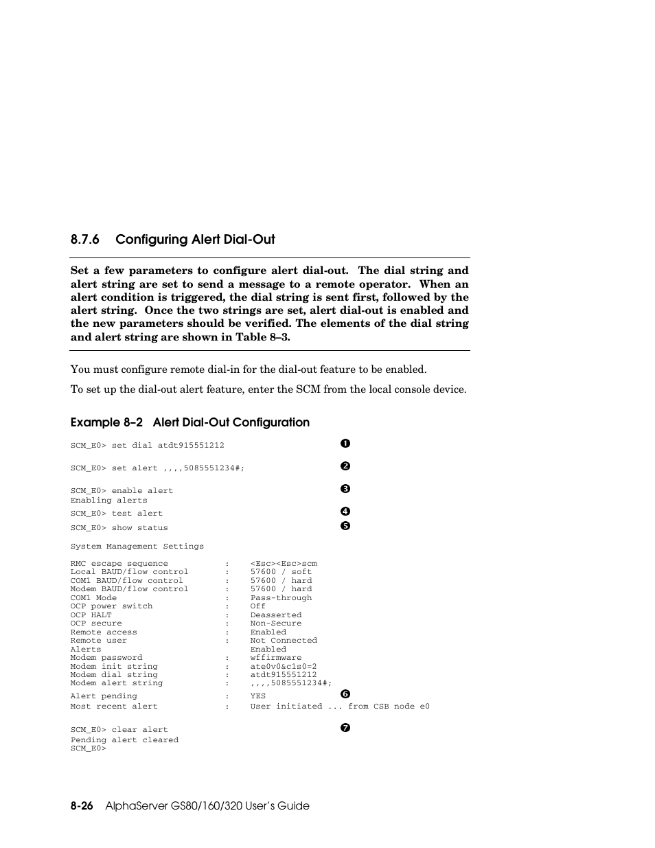 6 configuring alert dial-out, Example 8–2 alert dial-out configuration | Compaq GS160 User Manual | Page 166 / 184
