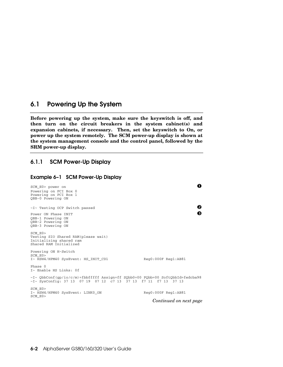 1 powering up the system, 1 scm power-up display | Compaq GS160 User Manual | Page 86 / 184