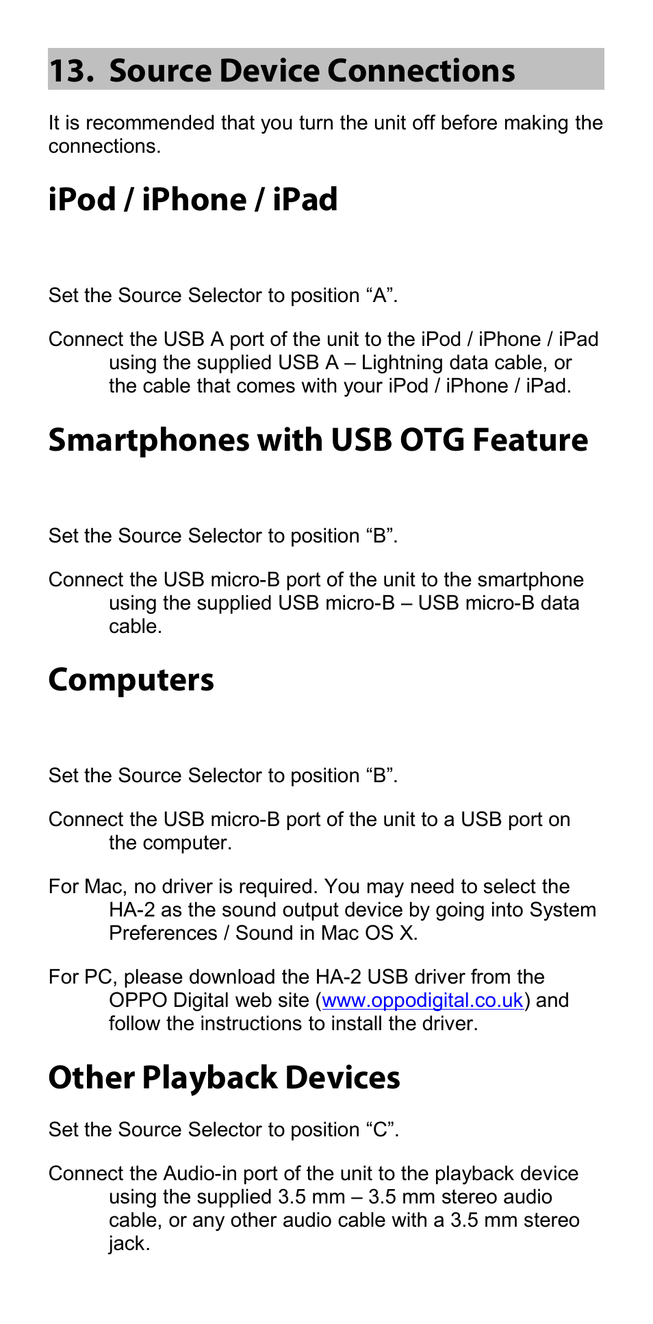 Source device connections, Ipod / iphone / ipad, Smartphones with usb otg feature | Computers, Other playback devices | Oppo HA-2 User Manual | Page 10 / 18