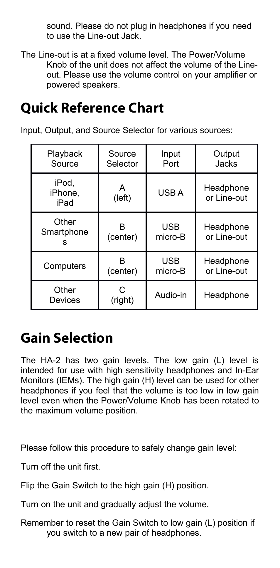 Quick reference chart, Gain selection | Oppo HA-2 User Manual | Page 12 / 18