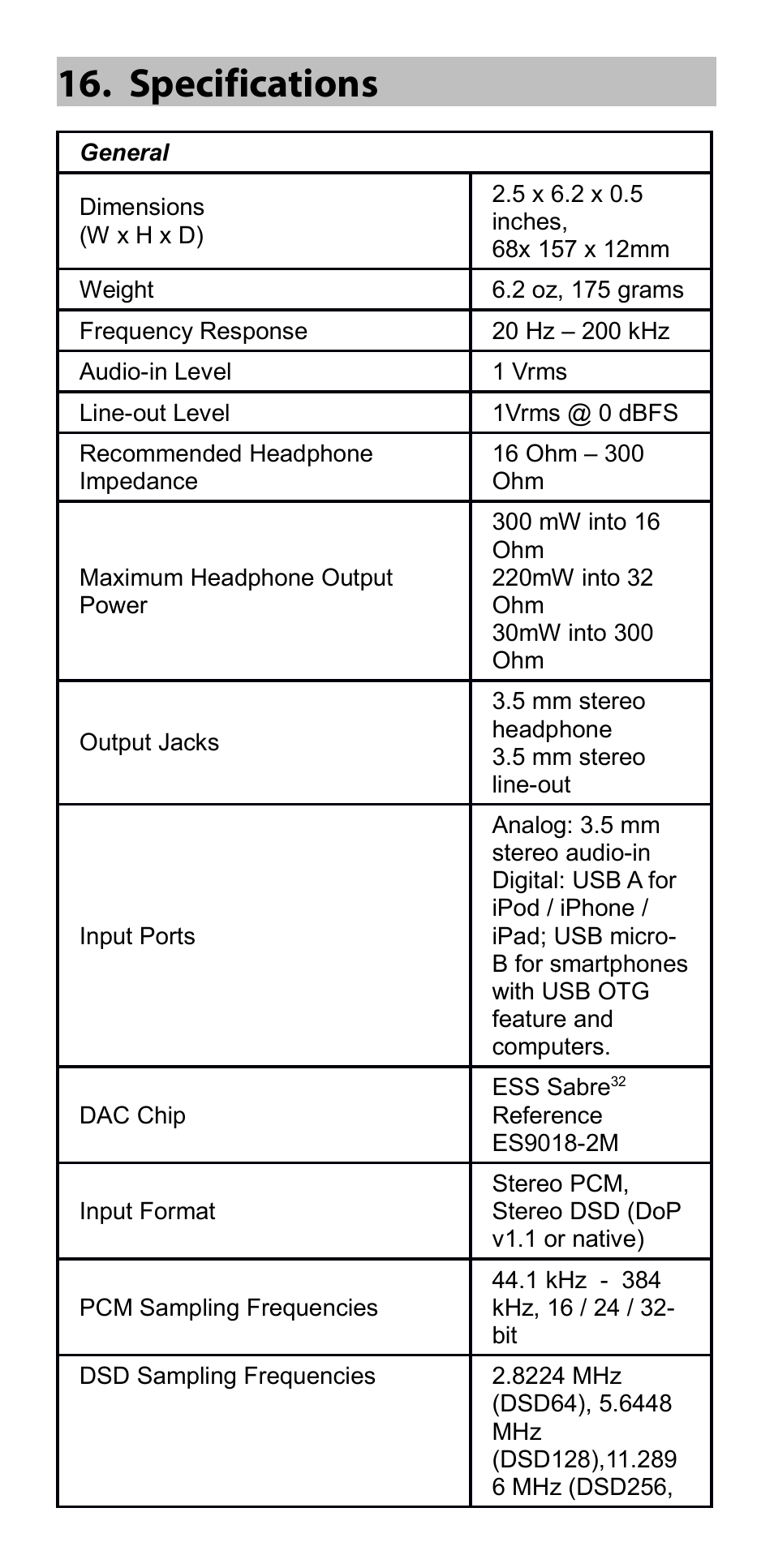 Specifications | Oppo HA-2 User Manual | Page 15 / 18