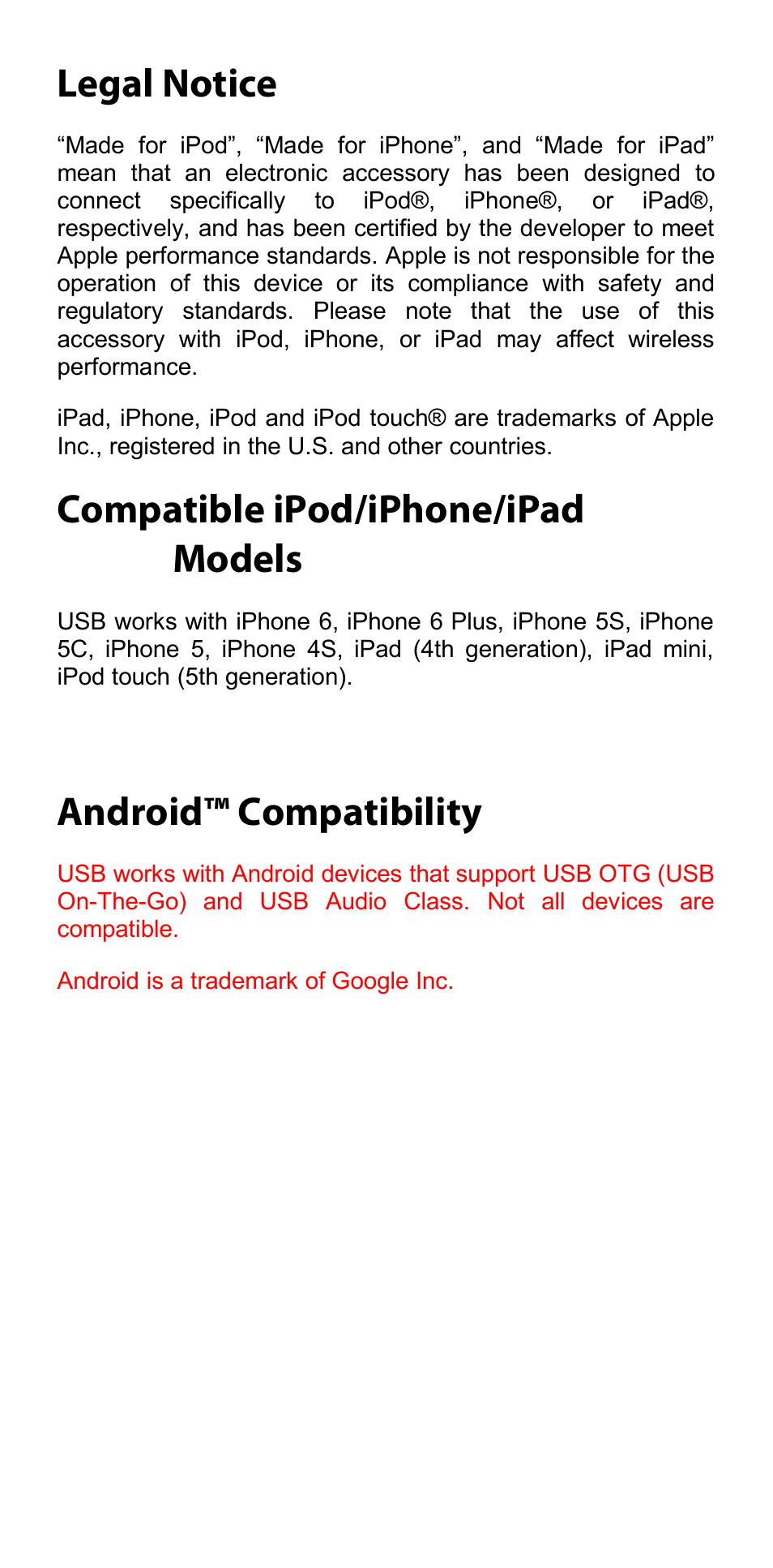 Legal notice, Compatible ipod/iphone/ipad models, Android™ compatibility | Oppo HA-2 User Manual | Page 3 / 18
