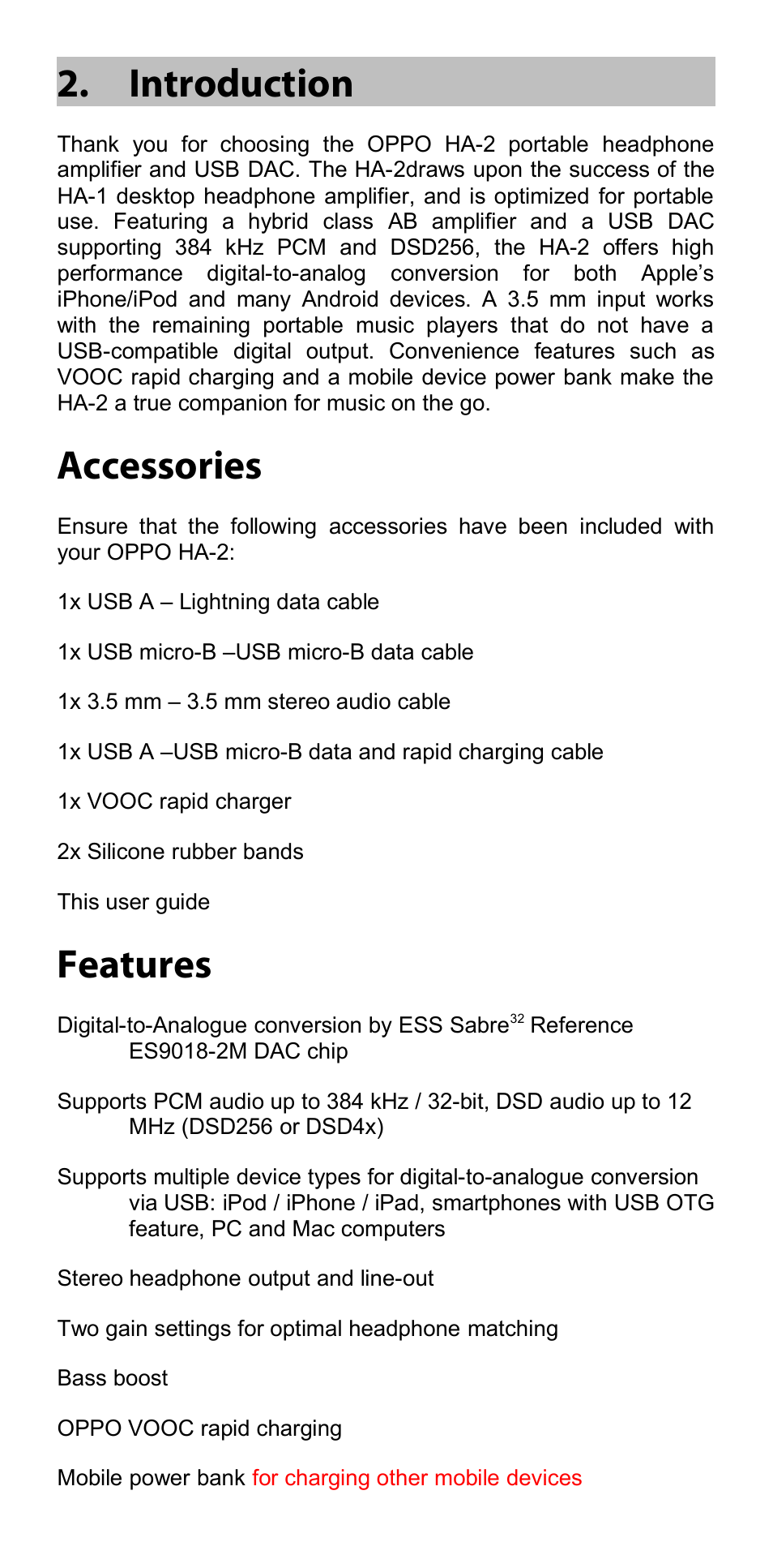 Introduction, Accessories, Features | Oppo HA-2 User Manual | Page 4 / 18