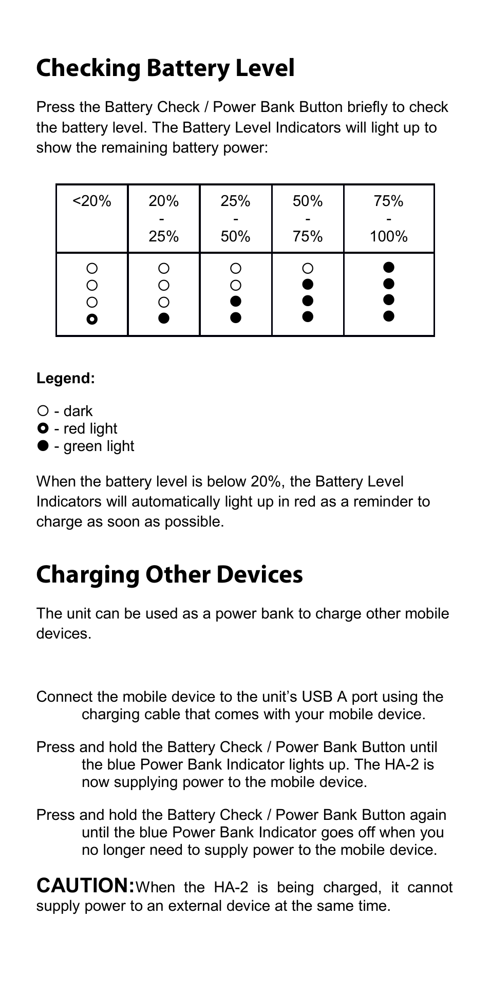 Checking battery level, Charging other devices, Caution | Oppo HA-2 User Manual | Page 9 / 18