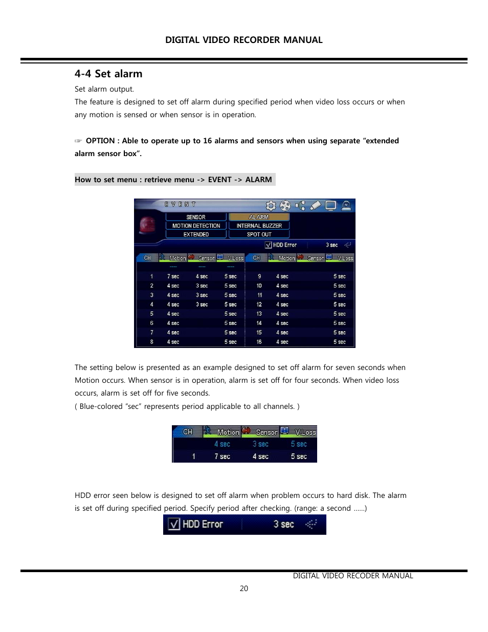 4 set alarm | Opticom Elite H Series DVR User Manual | Page 20 / 110