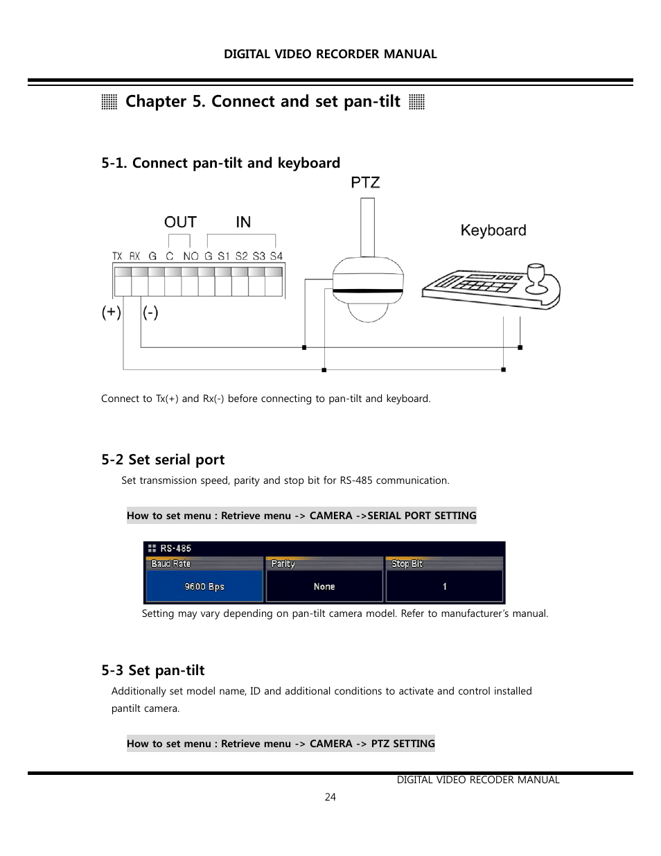 Chapter 5. connect and set pan-tilt, 1. connect pan-tilt and keyboard, 2 set serial port | 3 set pan-tilt | Opticom Elite H Series DVR User Manual | Page 24 / 110