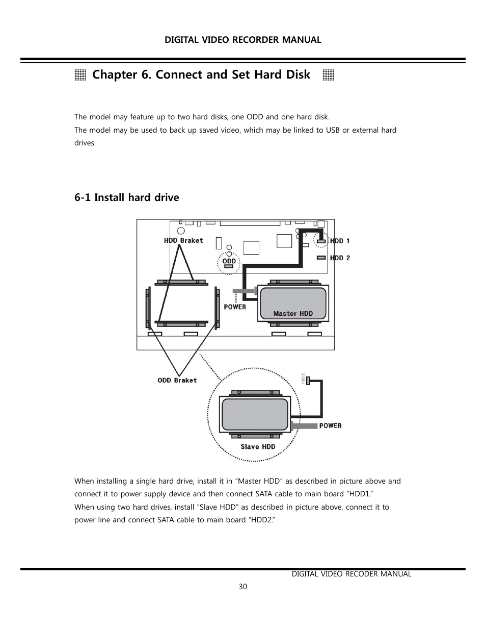 Chapter 6. connect and set hard disk, 1 install hard drive | Opticom Elite H Series DVR User Manual | Page 30 / 110