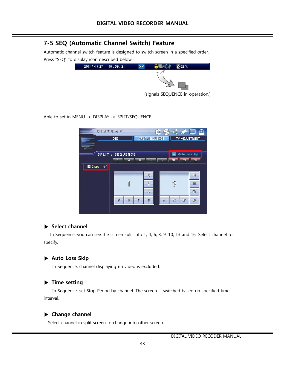 5 seq (automatic channel switch) feature | Opticom Elite H Series DVR User Manual | Page 43 / 110