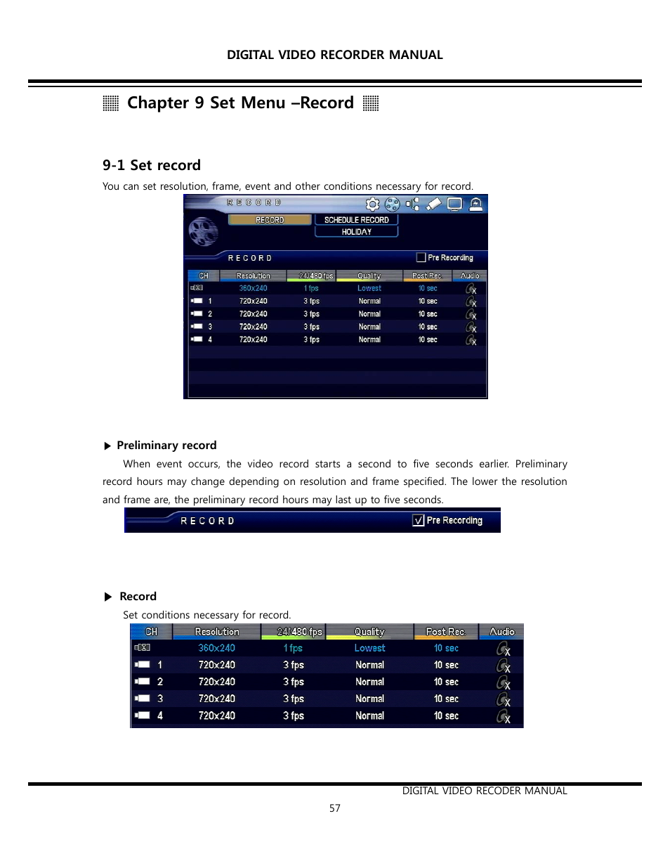 Chapter 9 set menu –record, 1 set record | Opticom Elite H Series DVR User Manual | Page 57 / 110